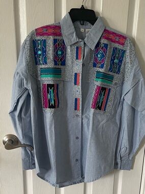 Embellished Light Blue Denim Button-Up Shirt with Teal & Magenta Accents